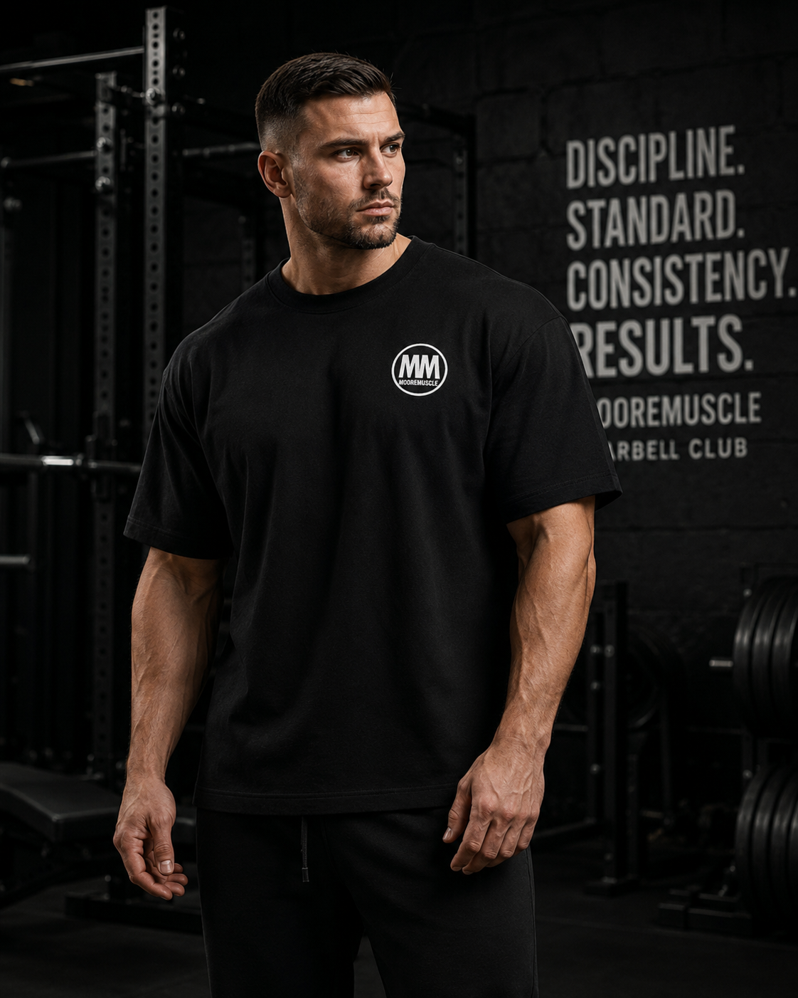 Athlete wearing a black MooreMuscle MM Heavyweight Tee inside a dark cinematic powerlifting gym with moody lighting, oversized fit styling, and strength culture atmosphere.