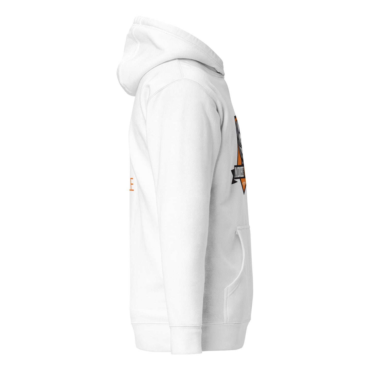 MooreMuscle white unisex hoodie right side profile highlighting silhouette and logo placement.