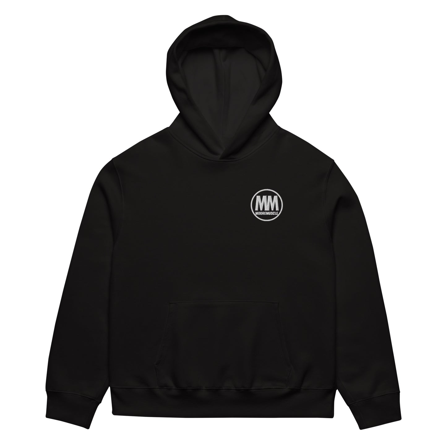 MooreMuscle premium heavyweight black gym hoodie with circular MM logo