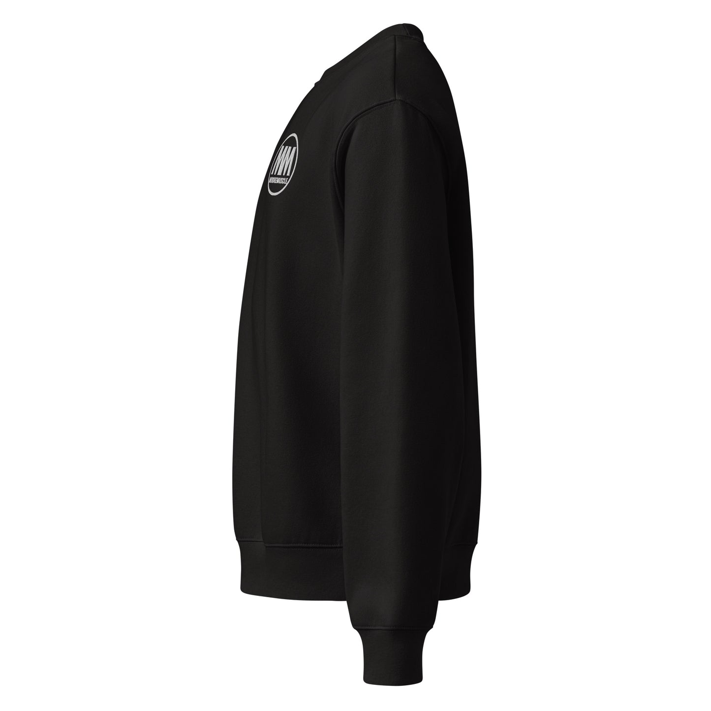Black sweatshirt with a logo on the sleeve against a white background