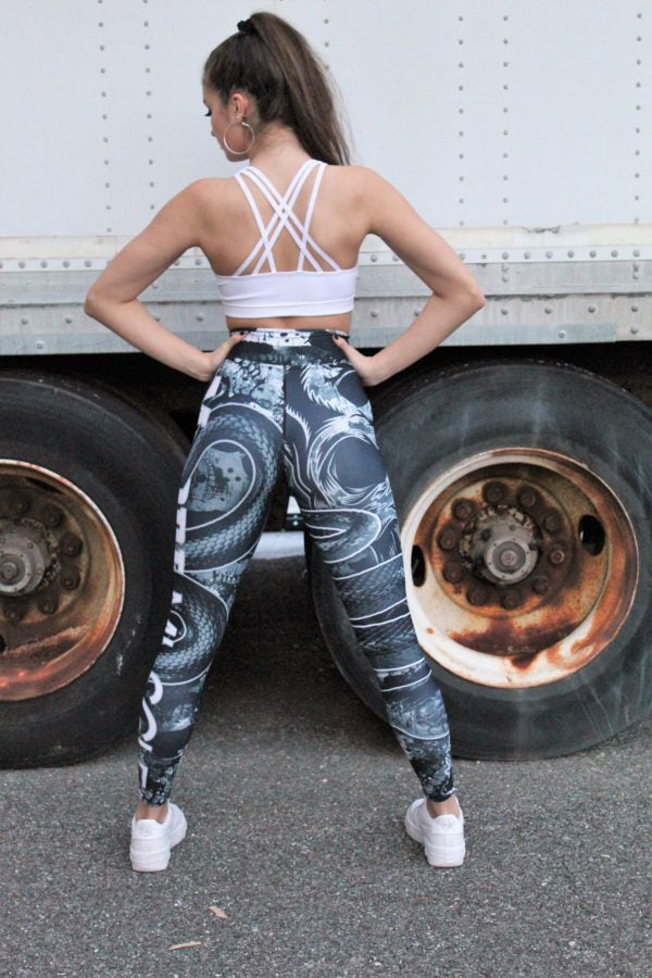 MooreMuscle High Waist Leggings — Snake and Skull Black and White