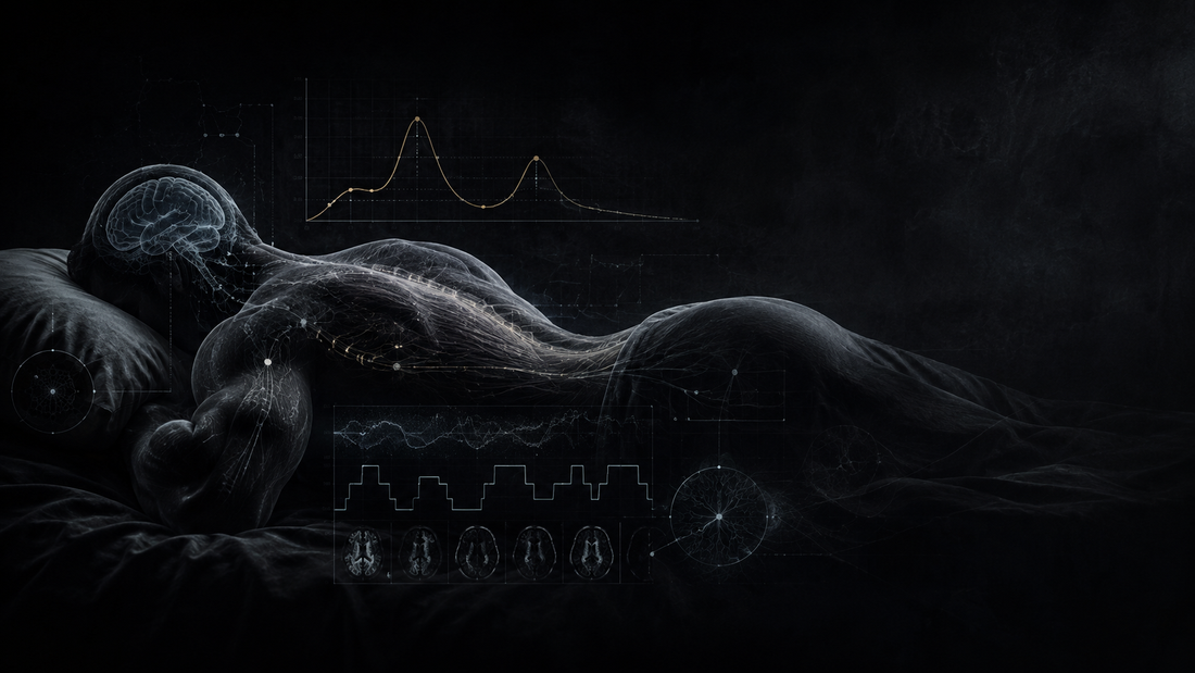 Scientific anatomical illustration of a sleeping powerlifter with overlaid sleep cycle architecture, growth hormone secretion curve, and brain activity data — representing sleep as a primary performance variable for strength athletes