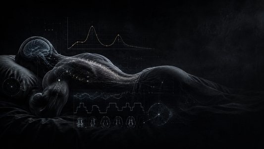 Scientific anatomical illustration of a sleeping powerlifter with overlaid sleep cycle architecture, growth hormone secretion curve, and brain activity data — representing sleep as a primary performance variable for strength athletes