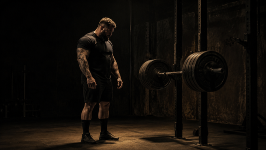 Experienced powerlifter standing in a dark gym with a loaded barbell, posture calm and deliberate, representing the concept of a structured deload week in strength training
