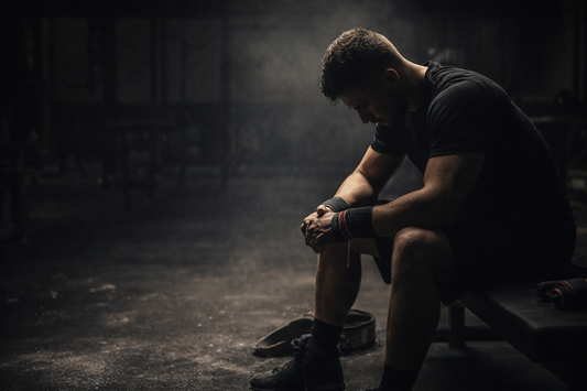 Athlete sitting on a gym bench post-workout in low light, resting with wrist wraps and belt beside him, symbolizing recovery and discipline.