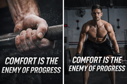 Athlete gripping a barbell and deadlifting in gym with text Comfort Is the Enemy of Progress