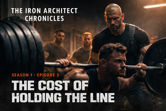 The Iron Architect watches closely as an athlete struggles through a heavy squat in a gritty gym, representing Episode 3 of The Iron Architect Chronicles titled The Cost of Holding the Line.