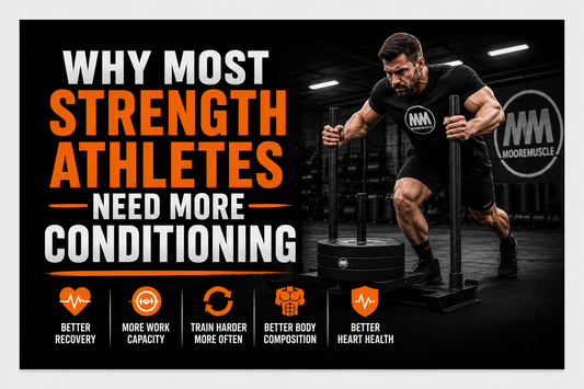 Strength athlete pushing a weighted sled in a gym, illustrating why conditioning improves recovery, work capacity, body composition, and long-term strength performance for powerlifters and strength athletes.