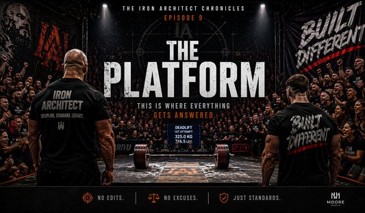 Powerlifting competition scene with deadlift platform, Iron Architect athlete, crowd energy, and “Built Different” banner from Episode 9 The Platform by MooreMuscle.