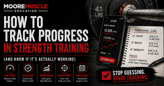 Strength training progress tracking concept with barbell, OVR velocity app showing squat speed data, and handwritten training log highlighting squat, bench, and deadlift performance metrics