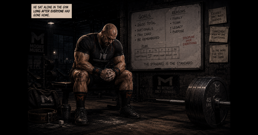 The Iron Architect sitting alone in a gym reflecting after training.