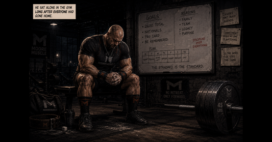 The Iron Architect sitting alone in a gym reflecting after training.
