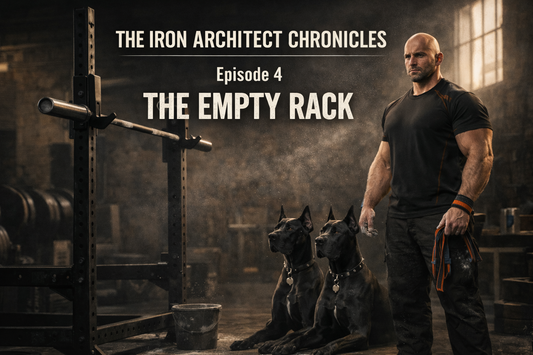 Cinematic strength gym scene featuring the Iron Architect beside an empty squat rack with two cropped-ear Great Danes for The Iron Architect Chronicles Episode 4 The Empty Rack