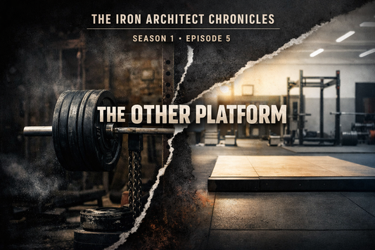 Cinematic powerlifting gym scene split between two strength facilities representing Episode 5 “The Other Platform” from The Iron Architect Chronicles by MooreMuscle.