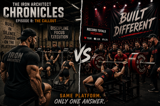 Split-scene powerlifting image contrasting a gritty training gym with the Iron Architect and a high-energy competition environment with a “Built Different” banner, representing Episode 8 “The Callout” by MooreMuscle.