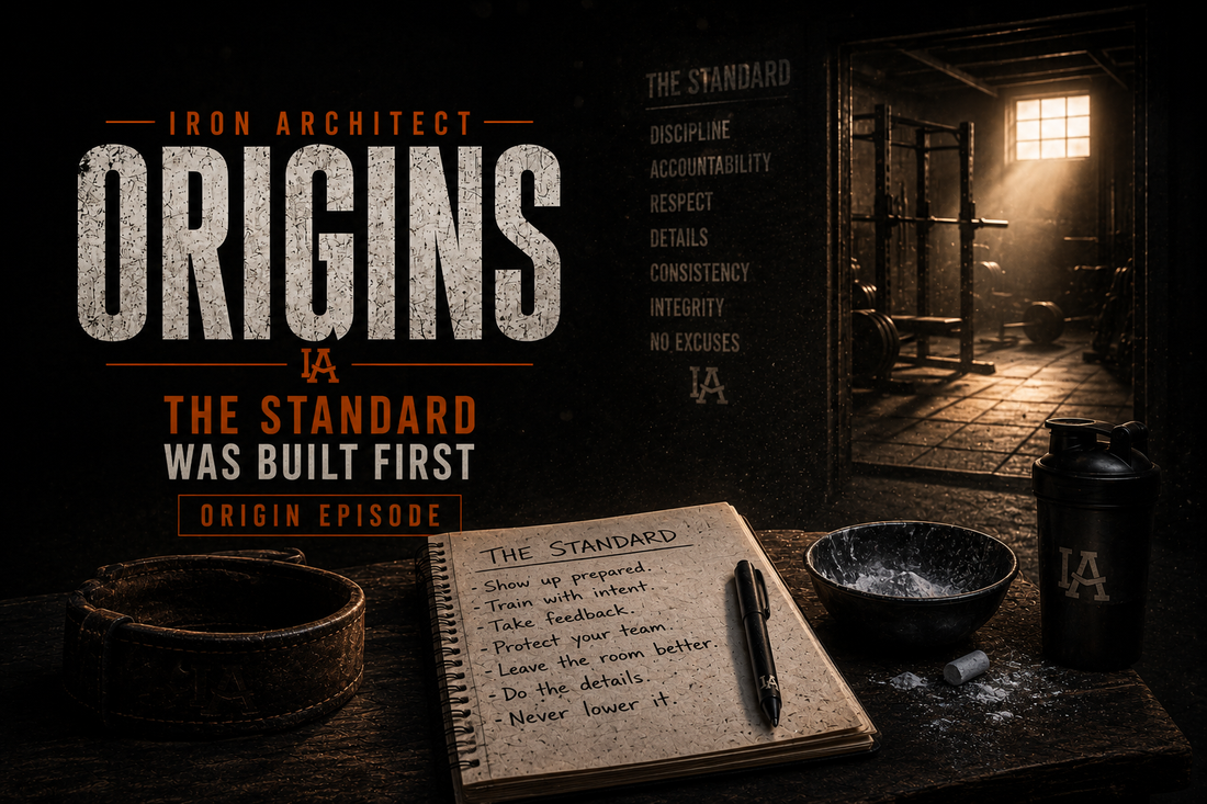 Iron Architect powerlifting origin story featured image with The Standard Was Built First text in a dark industrial gym.
