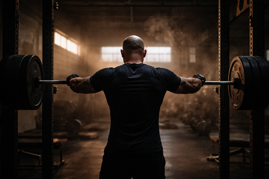 Muscular bald man seen from behind holding a loaded barbell across his back inside an industrial powerlifting gym, warm sunrise light and chalk dust in the air.