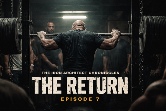 Iron Architect performing a heavy squat surrounded by lifters in a gritty gym, representing Episode 7 “The Return” from The Iron Architect Chronicles by MooreMuscle.