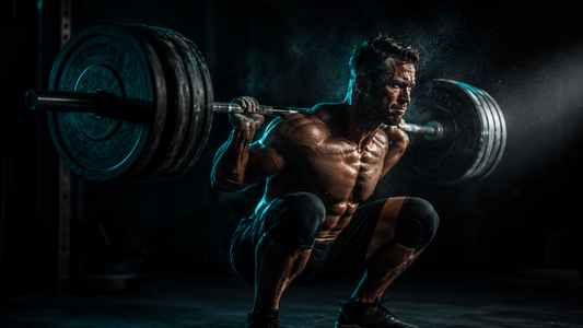 Athlete performing a heavy barbell back squat, demonstrating progressive overload and mechanical tension in strength training