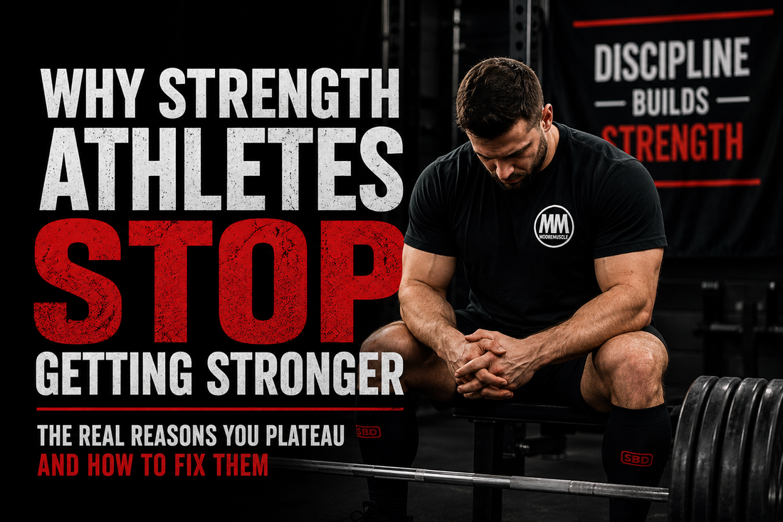 Strength athlete sitting beside a loaded barbell in a gym, representing strength training plateaus and stalled progress.