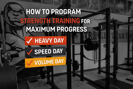 Strength training programming concept with squat racks, barbell setup, and visual outline of heavy day, speed day, and volume day structure