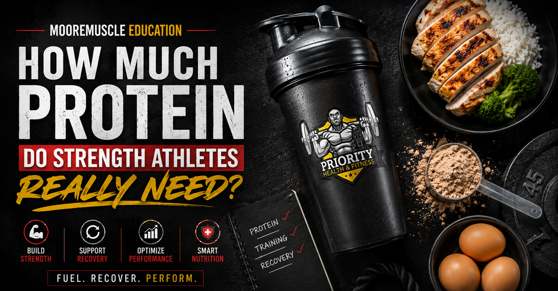 Protein nutrition graphic for strength athletes featuring the Priority Health & Fitness shaker cup and high-protein foods