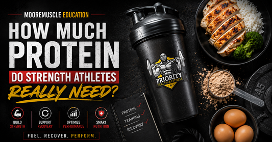 Protein nutrition graphic for strength athletes featuring the Priority Health & Fitness shaker cup and high-protein foods