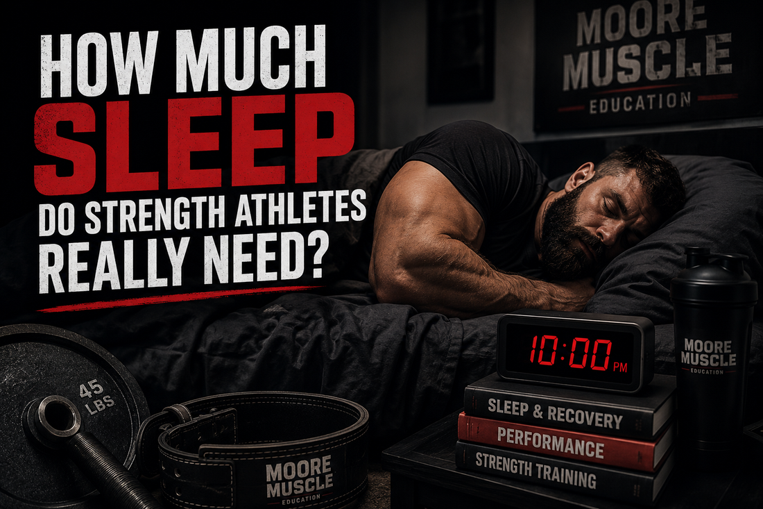 Strength athlete sleeping next to a lifting belt and weight plates, representing sleep, recovery, muscle growth, and strength performance.