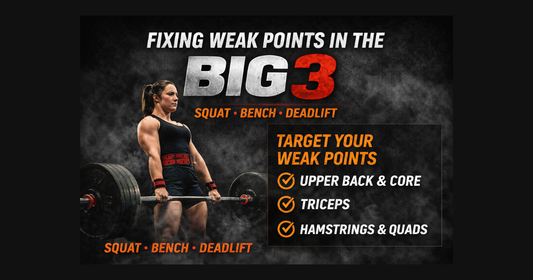 Female powerlifter performing a heavy deadlift in a gym with bold “Fixing Weak Points in the Big 3” strength training blog graphic background.