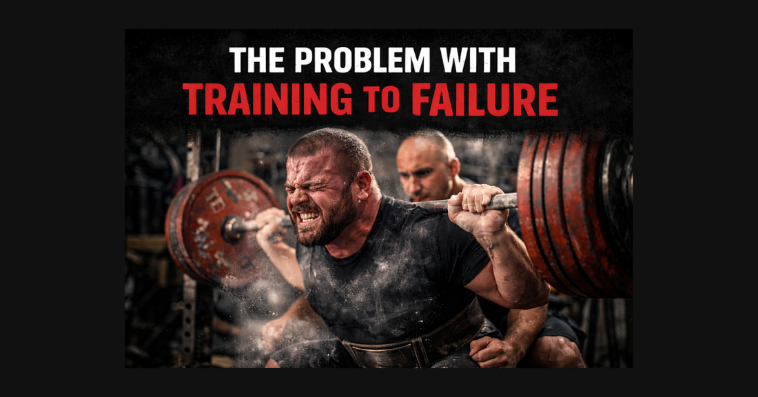 Powerlifter grinding through a heavy back squat with a spotter in a gritty chalk-filled gym illustrating the concept of training to failure in strength training.
