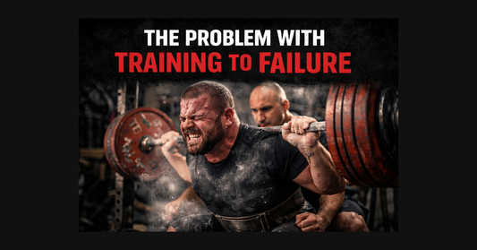 Powerlifter grinding through a heavy back squat with a spotter in a gritty chalk-filled gym illustrating the concept of training to failure in strength training.