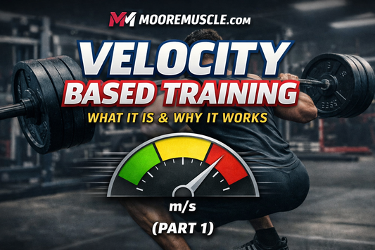 Muscular athlete performing a heavy barbell squat in a gym with bold “Velocity Based Training – What It Is & Why It Works (Part 1)” text and a speedometer graphic measuring bar speed in meters per second.
