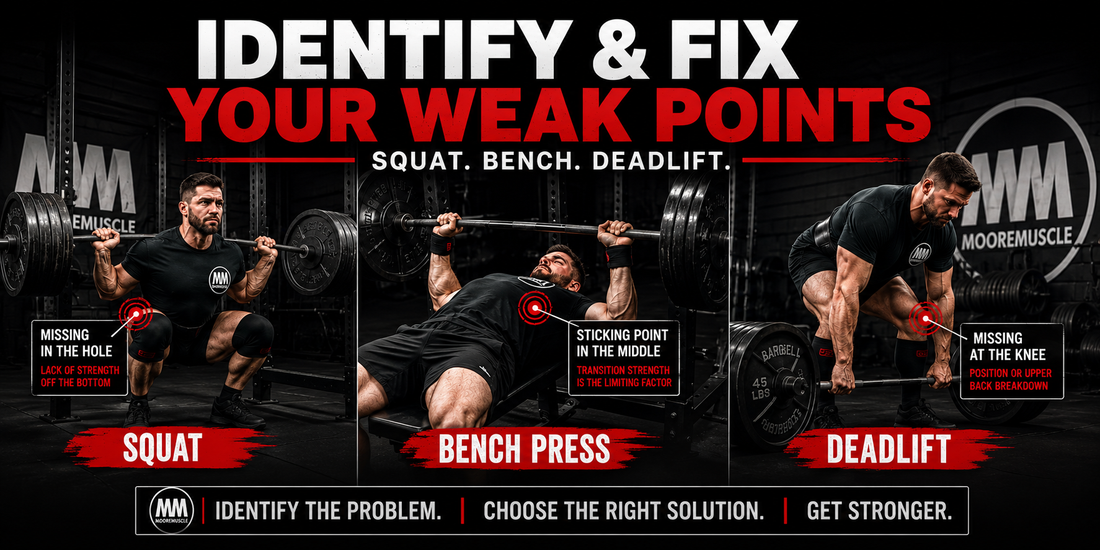 Powerlifting graphic showing squat, bench press, and deadlift weak points with common sticking points and solutions for improving strength and performance.