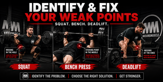 Powerlifting graphic showing squat, bench press, and deadlift weak points with common sticking points and solutions for improving strength and performance.