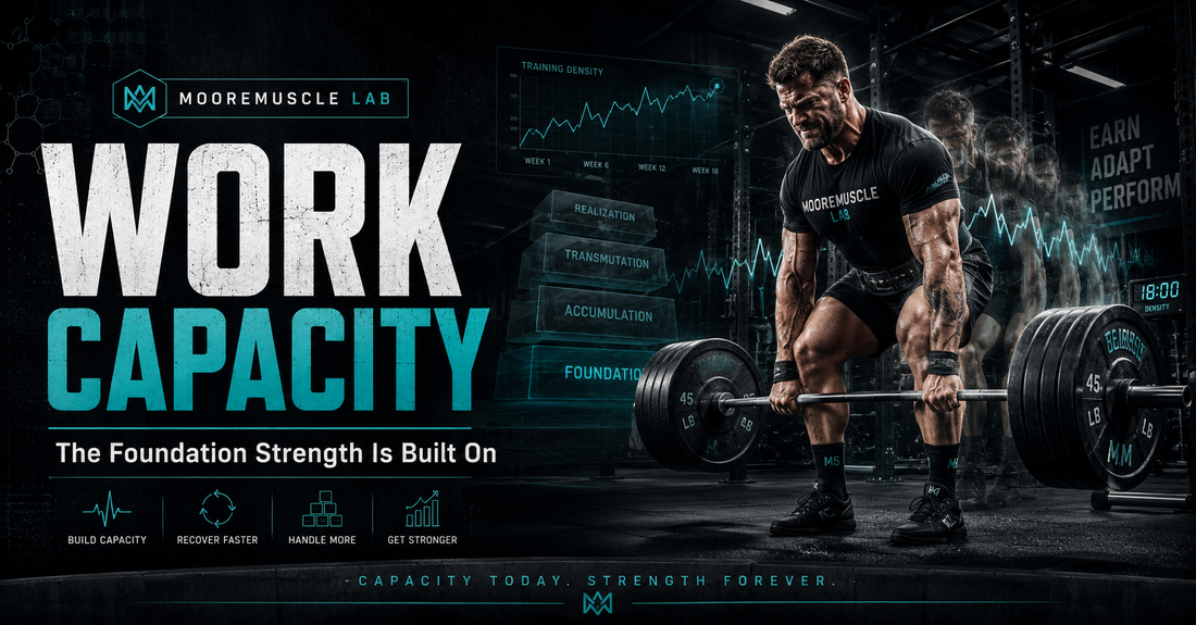 MooreMuscle Lab work capacity graphic featuring a powerlifter deadlifting with training data and recovery visuals.