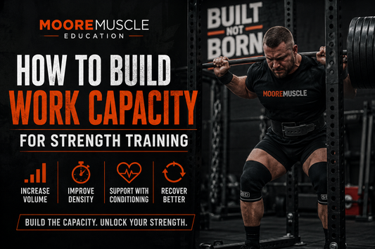 Strength athlete performing a heavy back squat illustrating how to build work capacity for strength training through volume, density, conditioning, and recovery.