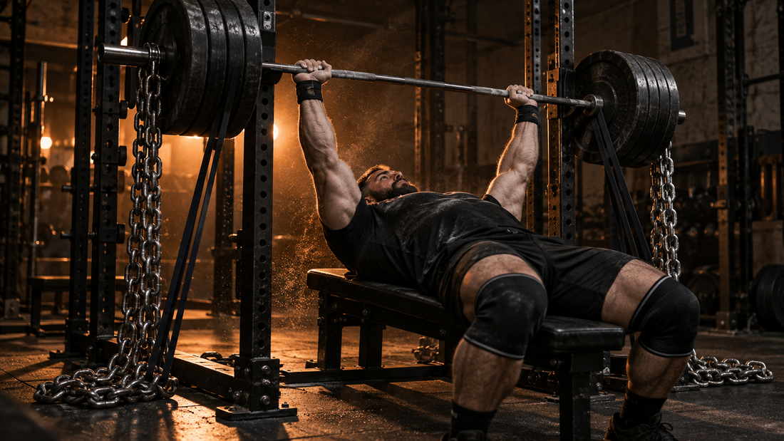 Powerlifter locking out a bench press with resistance bands and chains attached to the barbell in a dark gym with orange light
