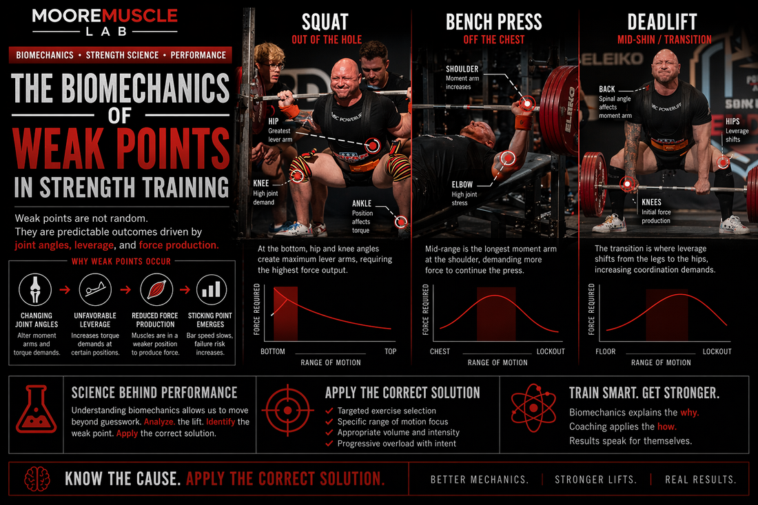 Infographic showing biomechanics of weak points in squat, bench press, and deadlift with joint angles, leverage changes, and force production analysis