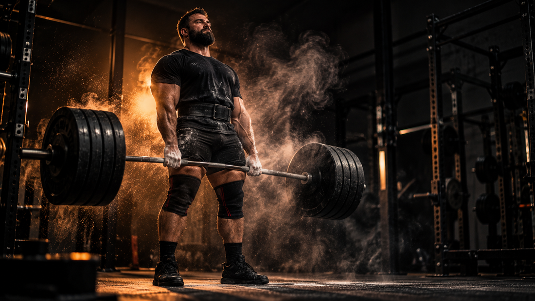 Powerlifter locking out a heavy deadlift in a dark gym as chalk dust clears around him under orange light