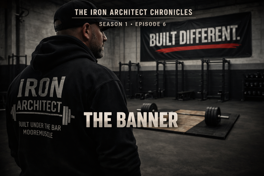 Iron Architect watching a rival gym with “Built Different” banner, representing Episode 6 “The Banner” from The Iron Architect Chronicles by MooreMuscle.