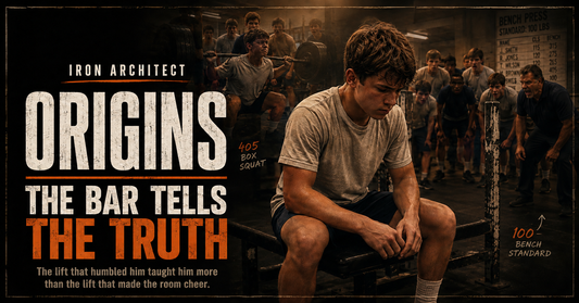Iron Architect origin story featured image for The Bar Tells The Truth, showing a young lifter humbled by the bench press after a 405 box squat.
