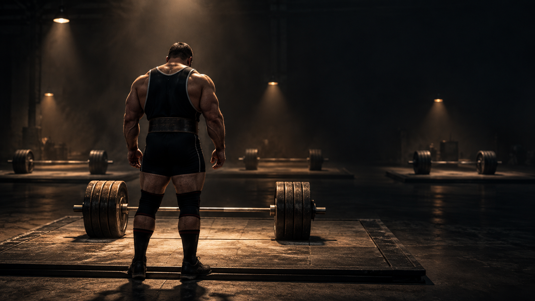 Powerlifter standing at the edge of a competition platform facing a loaded barbell, viewed from behind in a dark gym with multiple platforms visible in the background, representing the deliberate choice of which federation to compete in