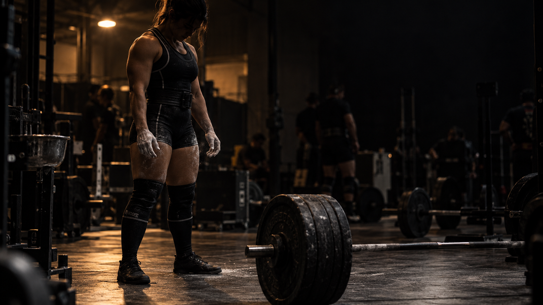 Female powerlifter in competition singlet and knee sleeves standing over a loaded barbell in a meet warm-up room, chalk on both hands, focused and ready, with other lifters and equipment visible in the dark background