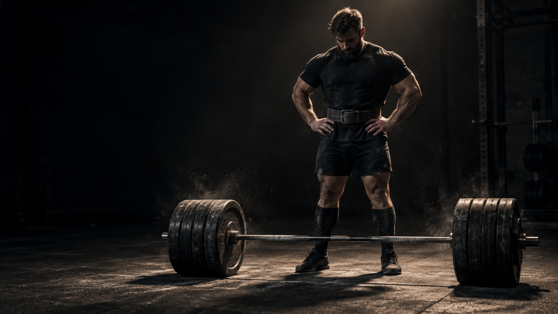 Powerlifter standing behind a heavily loaded barbell with arms crossed, studying the bar analytically in a dark empty gym, representing the diagnostic approach to breaking through a strength plateau
