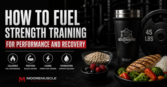 MooreMuscle nutrition banner showing how to fuel strength training with protein, carbs, hydration, and calories alongside shaker bottle and performance meals in a gym setting