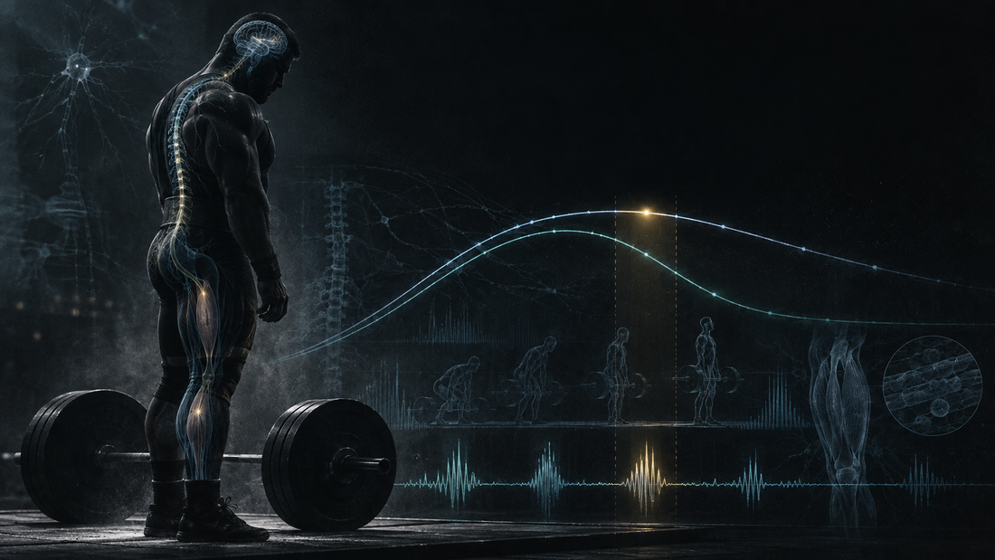 Powerlifter silhouette on a competition platform with scientific overlay diagrams showing the fitness-fatigue model curves, neural pathways, and force output waveforms, representing the physiology of peaking for competition
