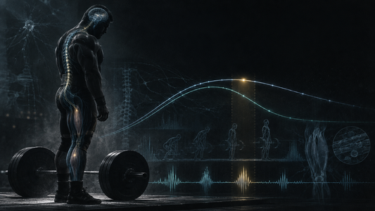 Powerlifter silhouette on a competition platform with scientific overlay diagrams showing the fitness-fatigue model curves, neural pathways, and force output waveforms, representing the physiology of peaking for competition