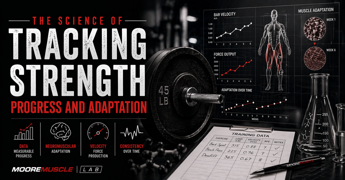 Science of tracking strength progress and adaptation with barbell, data charts, velocity metrics, and neuromuscular performance analysis