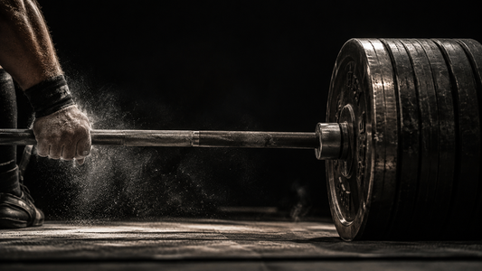 Heavily loaded competition barbell with chalk dust in the air, dramatic overhead lighting on a dark background, representing peaking for a powerlifting meet
