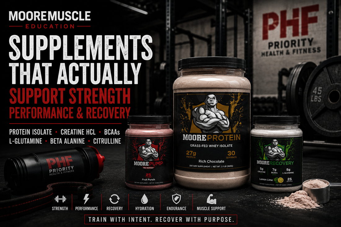 MooreMuscle Education featured image showing MooreProtein grass-fed whey isolate, MoorePump pre-workout, and MooreRecovery recovery formula in a gritty gym environment focused on strength performance and recovery